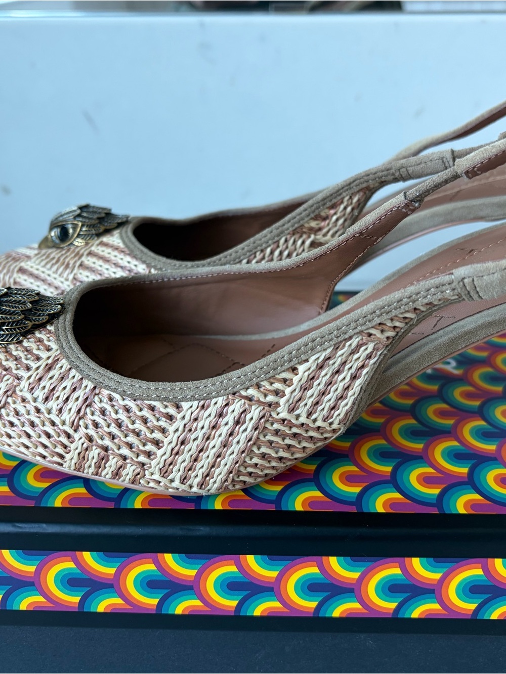 Kurt Geiger Woven Slingback Flats in Beige and Cream with Metallic Accent
